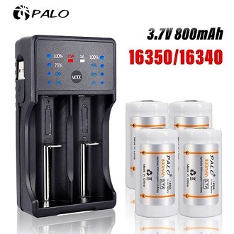 Аккумулятор PALO Li-ion 16350 3.7V 800mAh (CR123/CR123A/CR17345), 4 шт + Зарядное устройство KB-B2