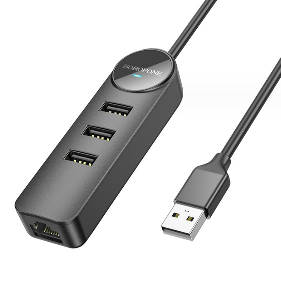USB концентратор Borofone DH6 Erudite 4-in-1 4 гнезда 3xUSB3.0 RJ45 кабель USB 1.2м чёрный