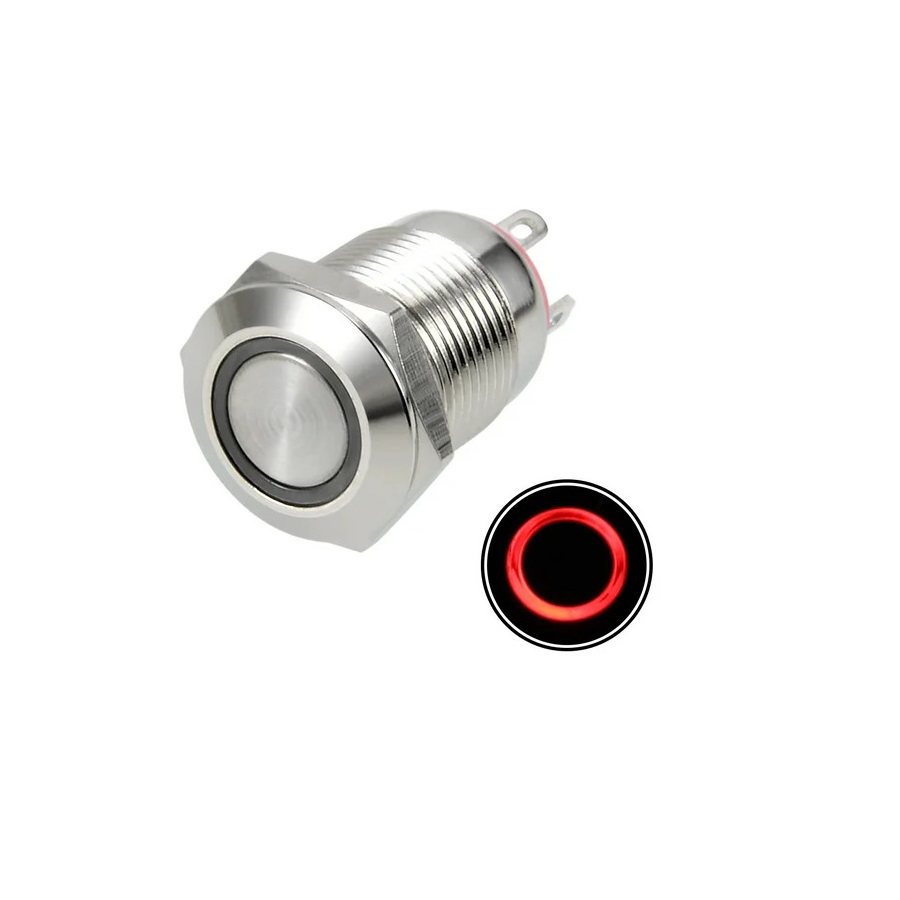 Кнопка металлическая 12мм 12V с красной подсветкой