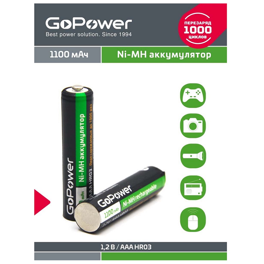Аккумулятор GoPower AAA/HR03 1.2V 1100mAh в блистере 2 штуки